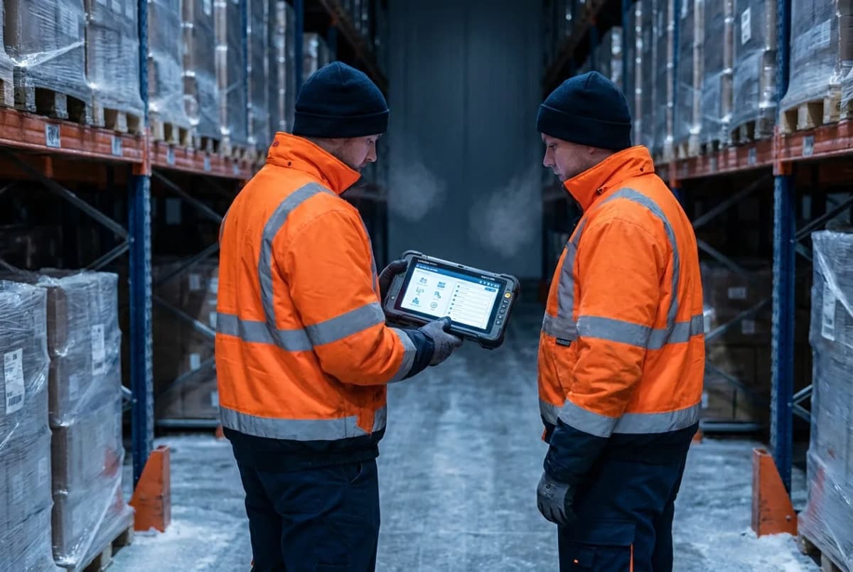 Worker operating stand-on stacker truck moving pallets in modern warehouse facility