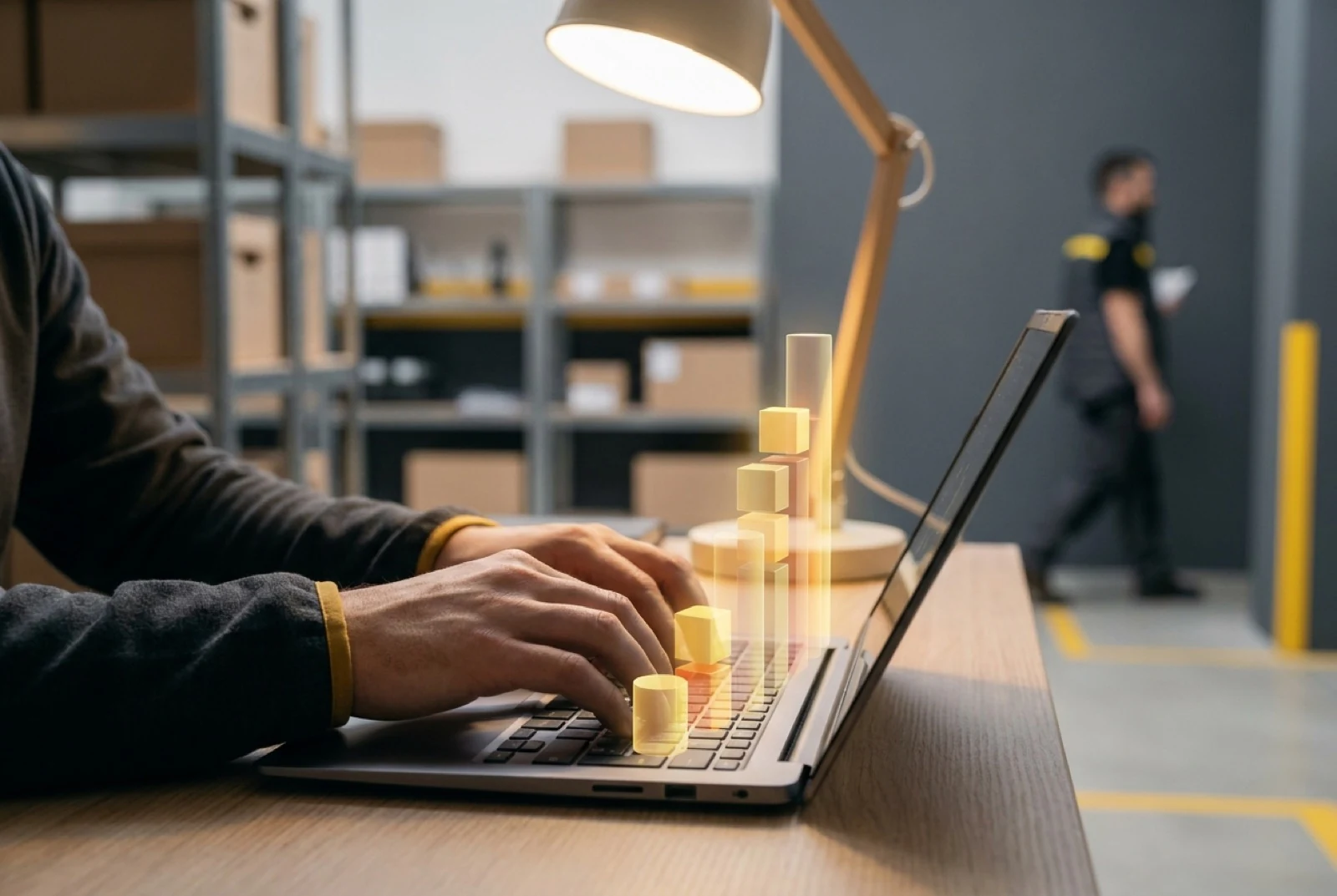 a person on a computer with an chart overlay
