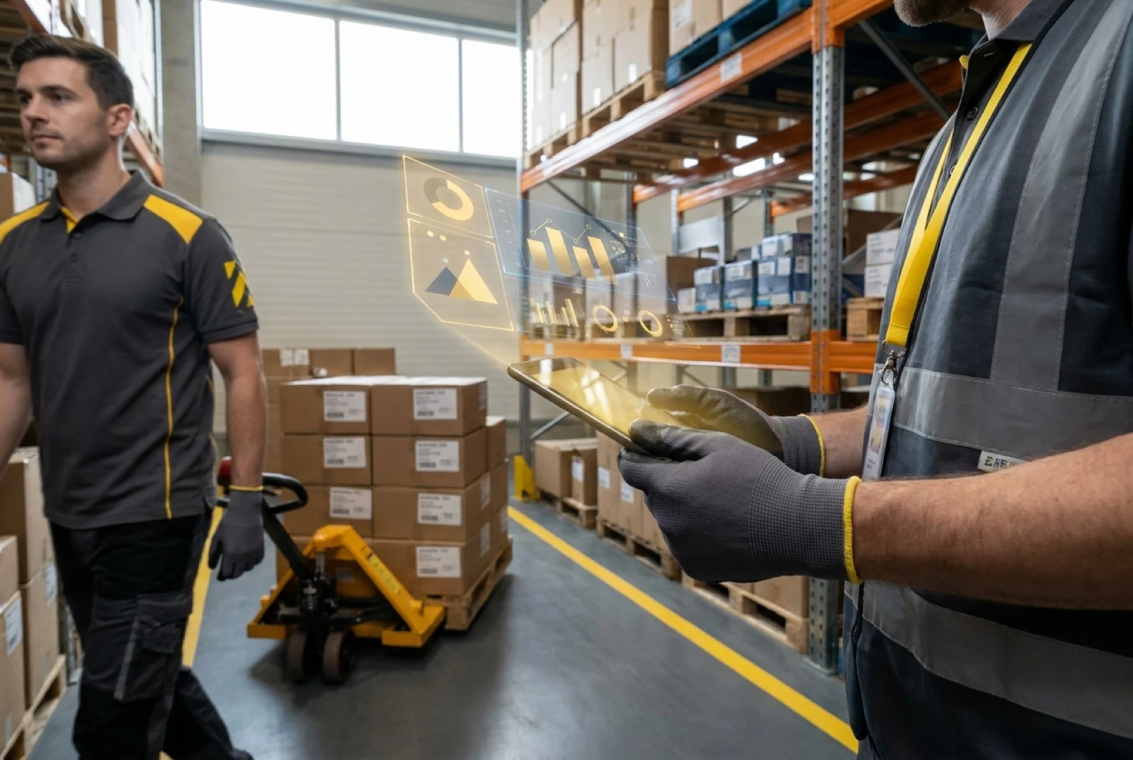 warehouse worker scanning a box with an RF scanner while holding a tablet