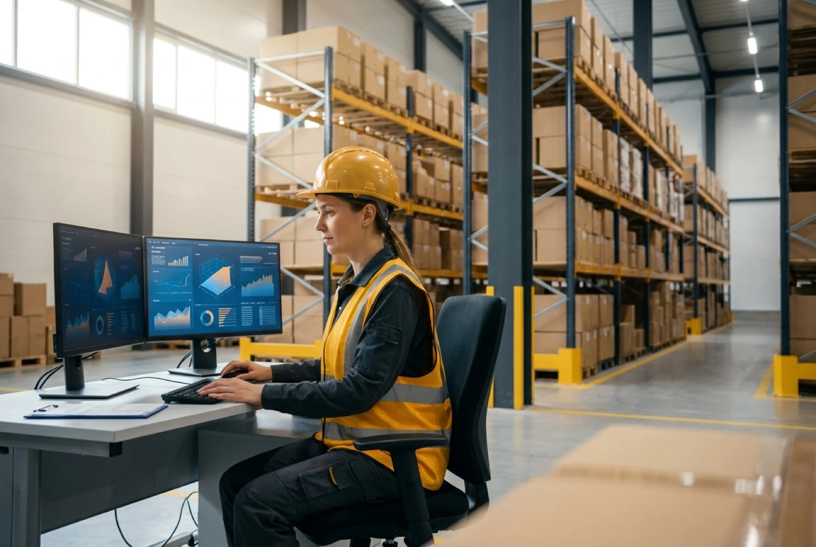 warehouse worker looking at computer screens showing warehouse KPIs using charts and graphs