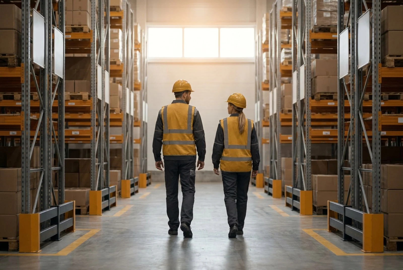 2 men walking through a warehouse