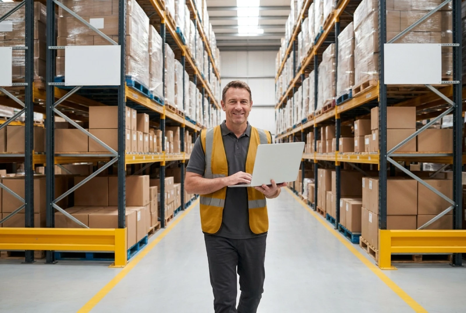 man holding a laptop in a warehouse