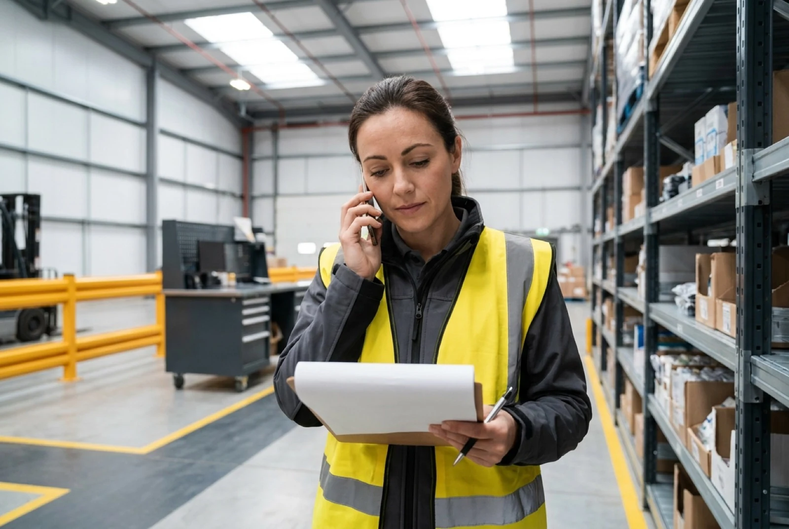 warehouse worker on a cell phone at a desk with a laptop and scanner