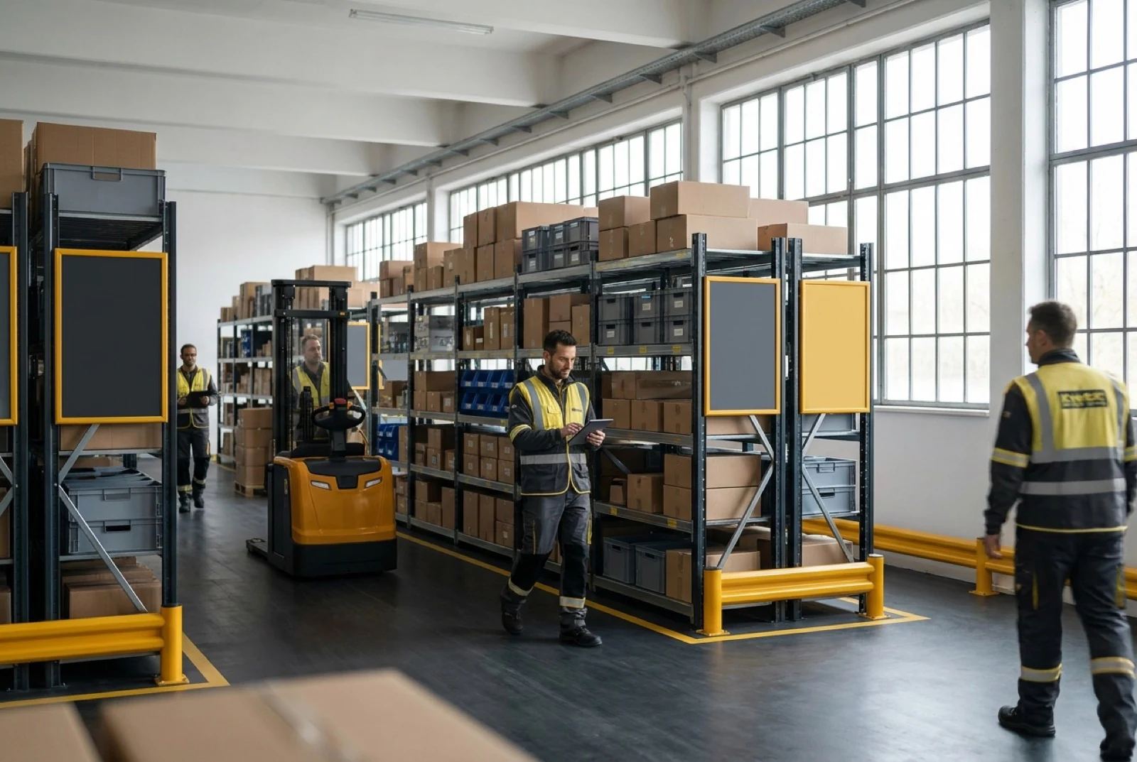 brightly lit warehouse shelving illustration