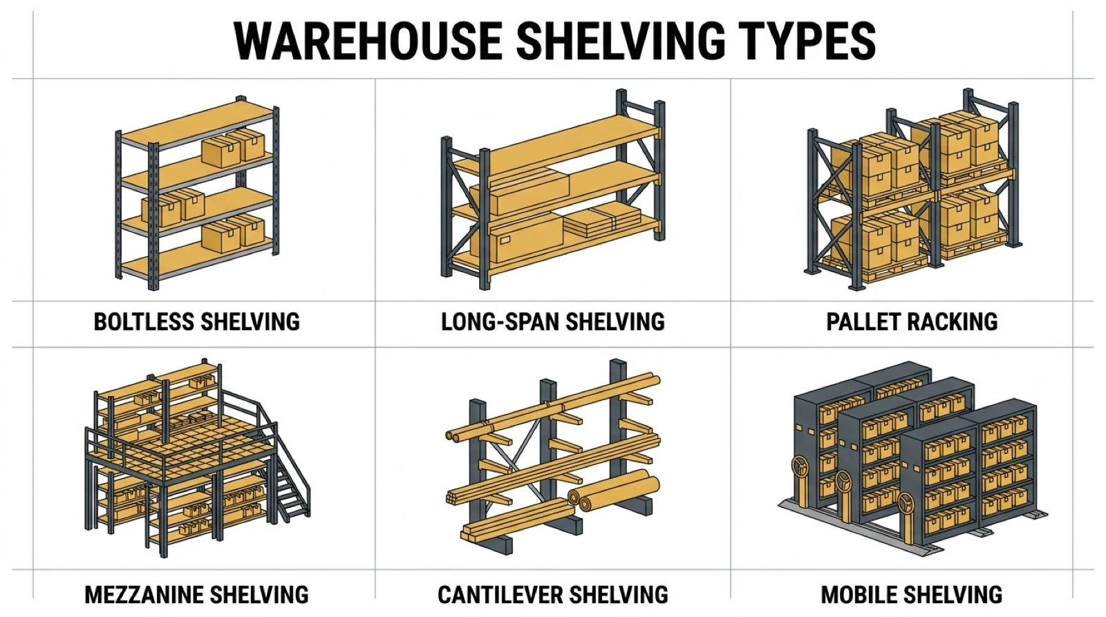 warehouse shelving diagram and components illustration