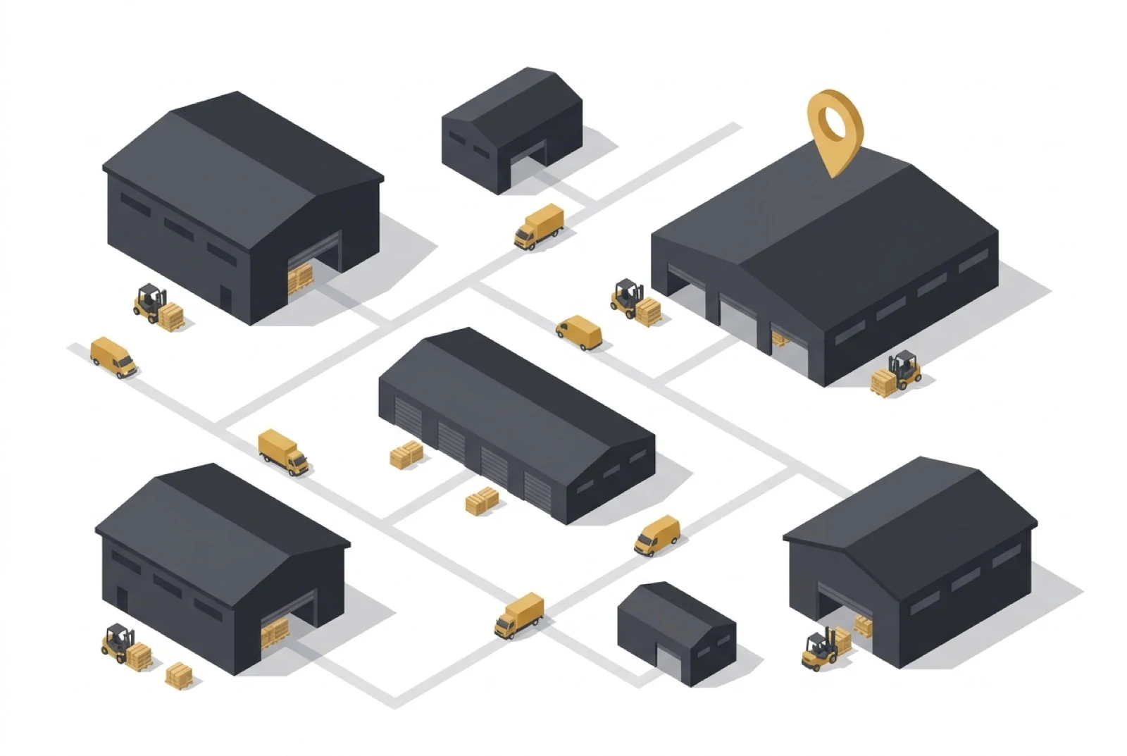 trucks, forklifts, racks, and buildings showing inventory management across multiple warehouse locations