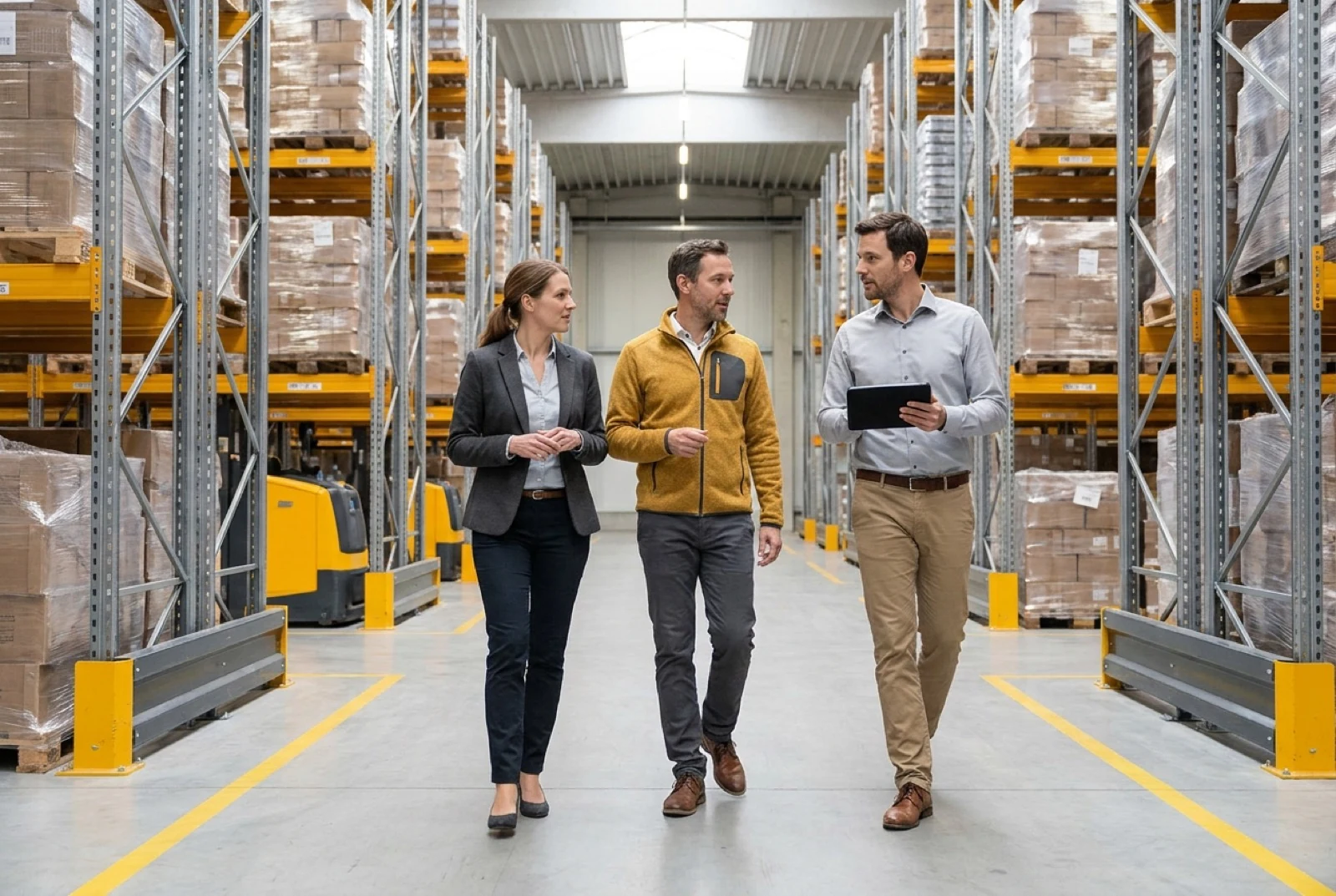 workers walking in a warehouse looking at a tablet