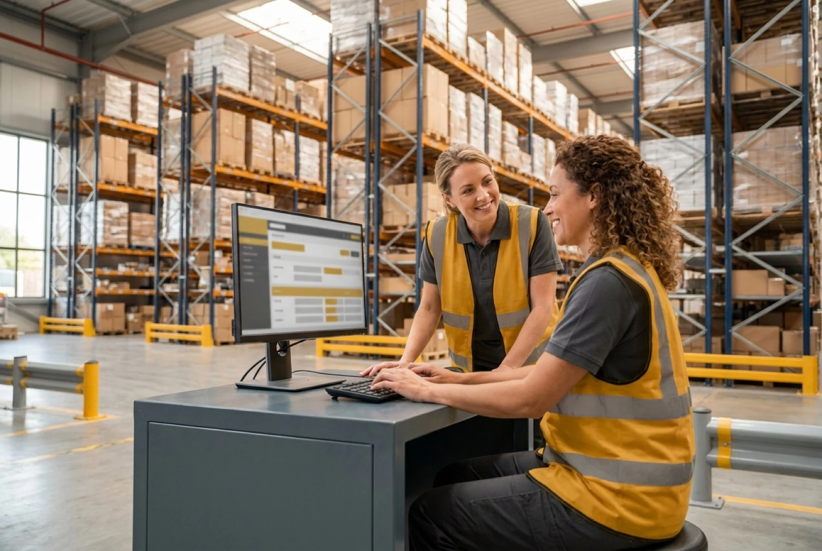 two warehouse workers in front of a computer screen, one with a headset