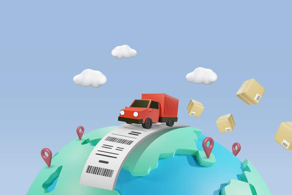 illustration of delivery truck driving on globe with 3pl billing receipt