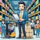 cartoon warehouse manager in warehouse with workers