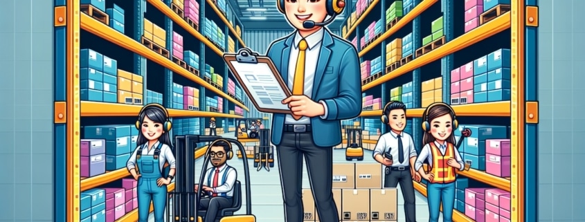 cartoon warehouse manager in warehouse with workers