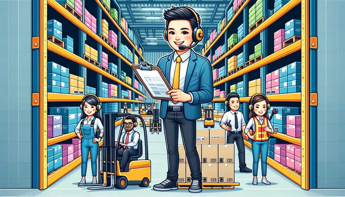 cartoon warehouse manager in warehouse with workers