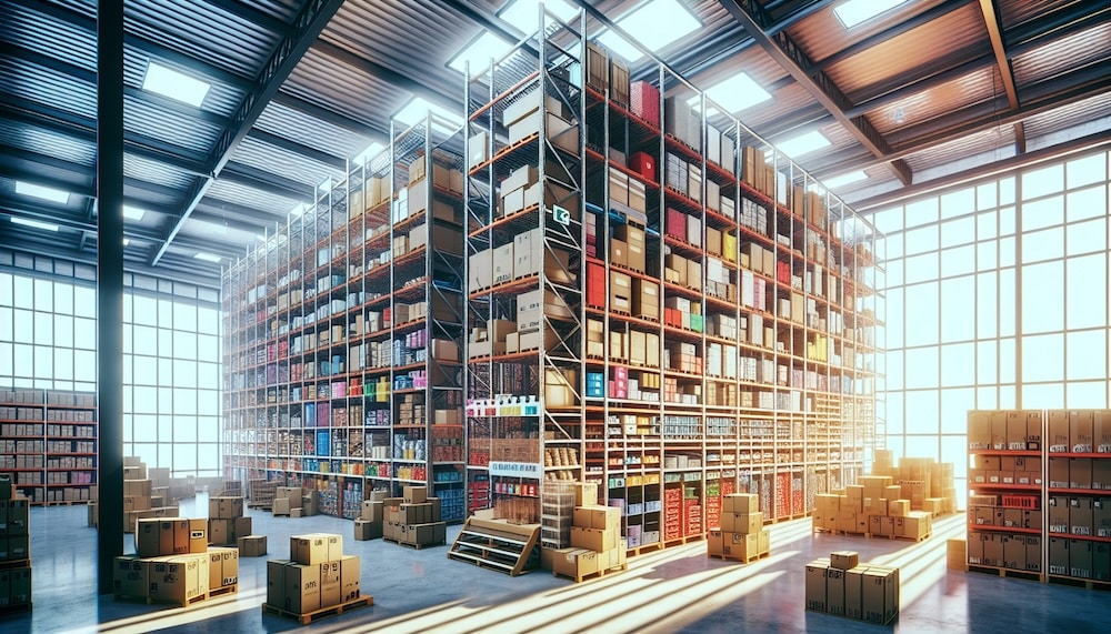 brightly lit warehouse shelving illustration