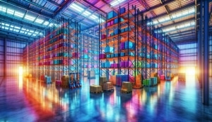 multi-colored illustration of warehouse shelving inside large facility