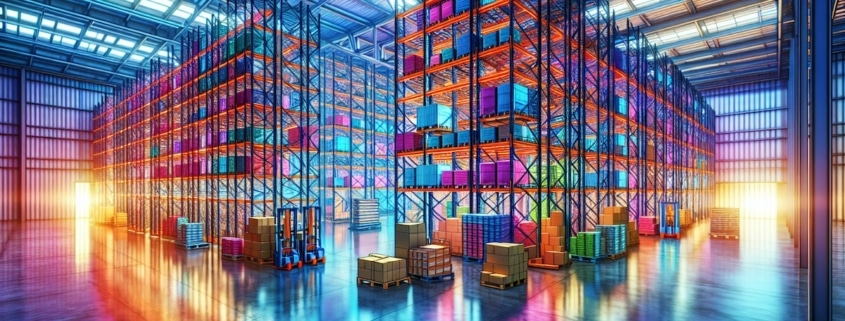 multi-colored illustration of warehouse shelving inside large facility