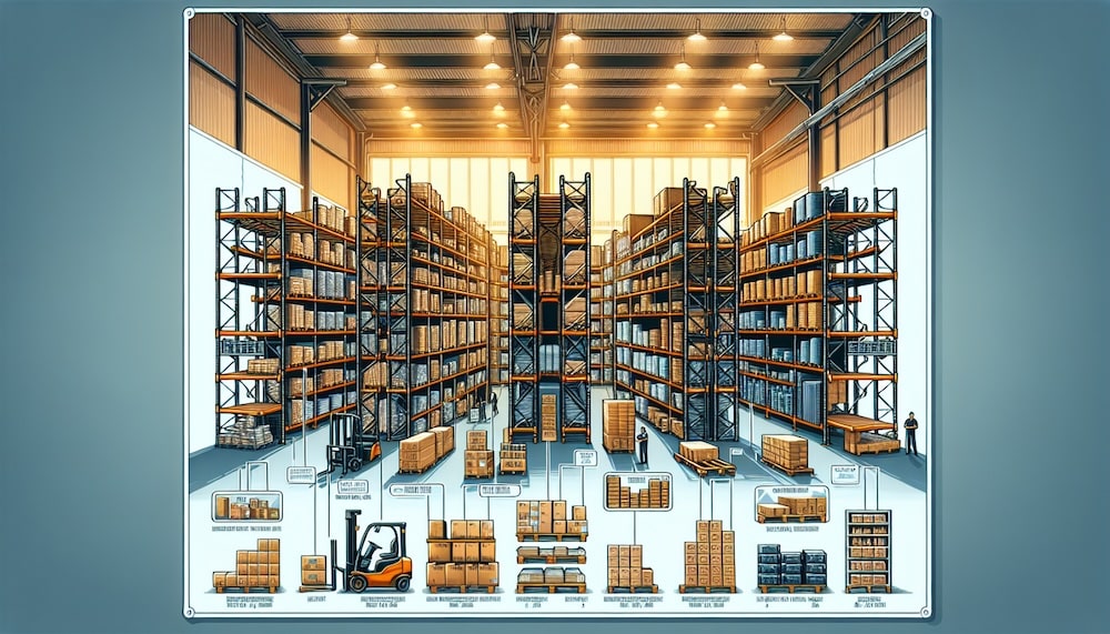 warehouse shelving diagram and components illustration