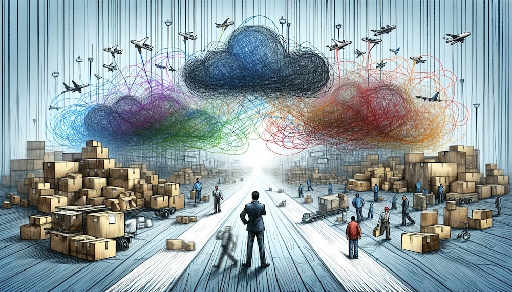 illustration of complex 3pl operation with clouds