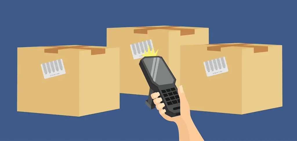 illustration of hand holding rugged barcode scanner near boxes