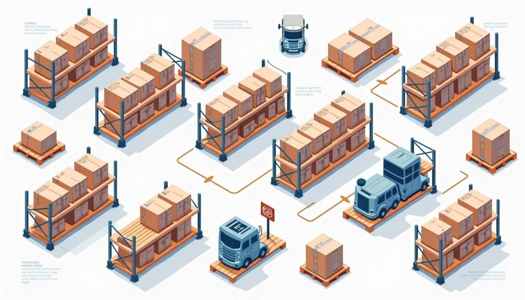 warehouse location labels and boxes and trucks illustration