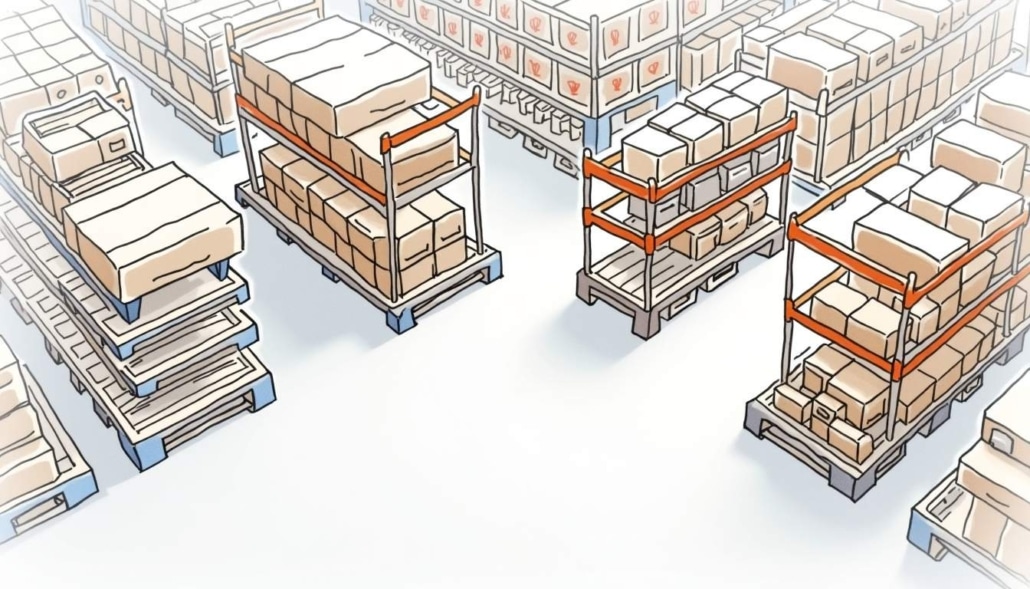 warehouse location labels and racks with boxes