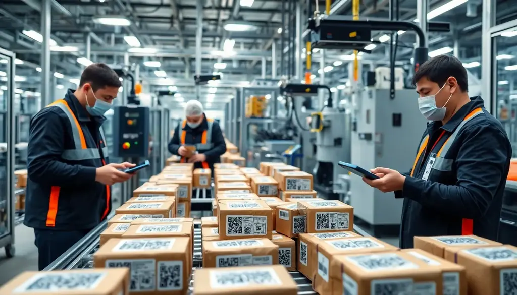 "Workers scanning QR-coded products in a supply chain serialization facility with automated technology."