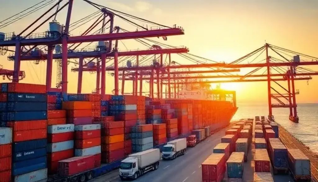 "Sunset at a busy shipping port showing cranes unloading containers, demonstrating supply chain challenges."